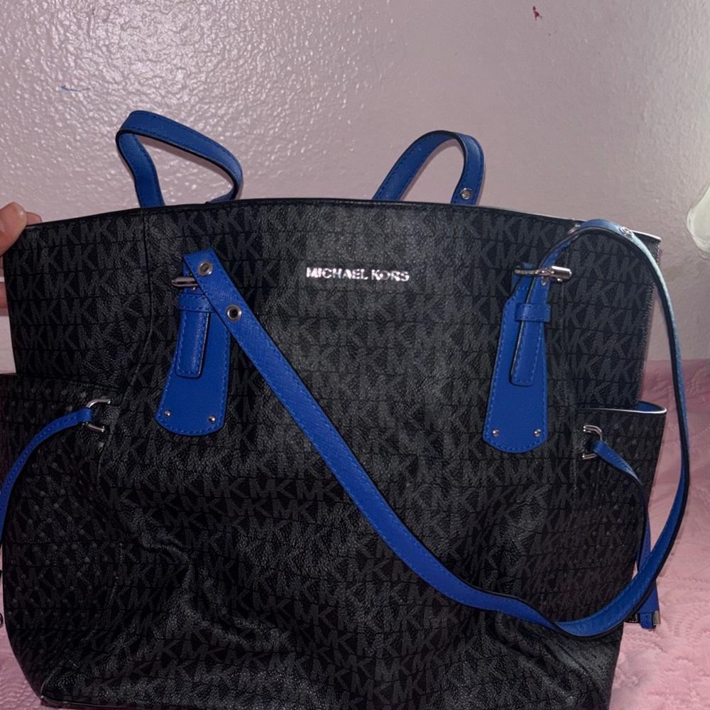 Michael Kors Black MK Monogram Tote with Blue Trim and Straps